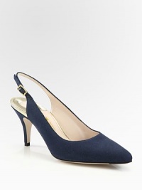Sophisticated point toe silhouette of comfortable canvas, finished with an adjustable slingback strap. Self-covered heel, 3 (75mm)Delav canvas upperPoint toeLeather lining and solePadded insoleMade in Italy Sophisticated point toe silhouette of comfortable canvas, finished with an adjustable slingback strap. Self-covered heel, 3 (75mm)Delav canvas upperPoint toeLeather lining and solePadded insoleMade in Italy