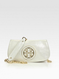 An elegant metallic leather style with a signature logo emblem and versatile detachable strap.Detachable chain and leather shoulder strap, 24 dropFlap closureOne zip pocket under flapOne inside zip pocketCotton lining11½W X 7H X 1DImported An elegant metallic leather style with a signature logo emblem and versatile detachable strap.Detachable chain and leather shoulder strap, 24 dropFlap closureOne zip pocket under flapOne inside zip pocketCotton lining11½W X 7H X 1DImported