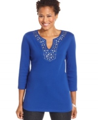 Add a worldly touch to your everyday look with Karen Scott's studded tunic. The longer length makes it so flattering, too! Add a worldly touch to your everyday look with Karen Scott's studded tunic. The longer length makes it so flattering, too!