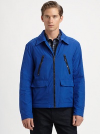 Contrast zippers and supple leather trim elevate this sporty, all-weather design.Point collarZip frontZipper, flap pocketsFully linedPolyesterMachine washImported Contrast zippers and supple leather trim elevate this sporty, all-weather design.Point collarZip frontZipper, flap pocketsFully linedPolyesterMachine washImported
