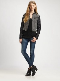 Supple leather sleeves revive this timelessly tailored jean jacket. Point collarButtoned flap pocketsFront snap closuresLong leather sleevesBack button tabsBody: CottonTrim: LeatherDry clean with leather specialistImportedModel shown is 5'11 (178cm) wearing US size Small. Supple leather sleeves revive this timelessly tailored jean jacket. Point collarButtoned flap pocketsFront snap closuresLong leather sleevesBack button tabsBody: CottonTrim: LeatherDry clean with leather specialistImportedModel shown is 5'11 (178cm) wearing US size Small.