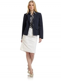 THE LOOKNotched collarOne-button frontLong sleeves with button cuffsDual button flap pockets with center pleatsBack princess seamsCenter back ventTHE FITAbout 24 from shoulder to hemTHE MATERIAL83% cotton/15% viscose/2% elastaneFully linedCARE & ORIGINDry cleanImportedModel shown is 5'10 (177cm) wearing US size 4. THE LOOKNotched collarOne-button frontLong sleeves with button cuffsDual button flap pockets with center pleatsBack princess seamsCenter back ventTHE FITAbout 24 from shoulder to hemTHE MATERIAL83% cotton/15% viscose/2% elastaneFully linedCARE & ORIGINDry cleanImportedModel shown is 5'10 (177cm) wearing US size 4.