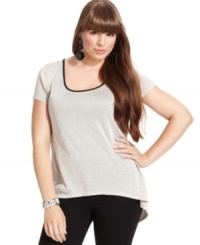 Make a stylish exit with ING's short sleeve plus size top, featuring an exposed back zipper. Make a stylish exit with ING's short sleeve plus size top, featuring an exposed back zipper.