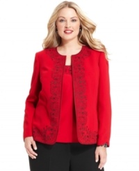 Beautiful beading creates an alluring effect on Kasper's plus size jacket. The open front and cutaway hem make for effortless layering. Beautiful beading creates an alluring effect on Kasper's plus size jacket. The open front and cutaway hem make for effortless layering.