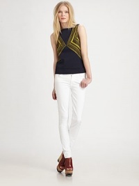 Mitered stripes converge on this soft jersey shell top.Jewel necklineSleevelessMitered insertConcealed side zipperAbout 22 from shoulder to hem72% cotton/15% linen/10% polyamide/3% elastaneDry cleanMade in USA of Italian fabricModel shown is 5'9½ (176cm) wearing US size 4. Mitered stripes converge on this soft jersey shell top.Jewel necklineSleevelessMitered insertConcealed side zipperAbout 22 from shoulder to hem72% cotton/15% linen/10% polyamide/3% elastaneDry cleanMade in USA of Italian fabricModel shown is 5'9½ (176cm) wearing US size 4.