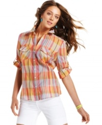 A bold, bright plaid print emboldens this classic, cotton shirt by Kut from the Kloth. A bold, bright plaid print emboldens this classic, cotton shirt by Kut from the Kloth.