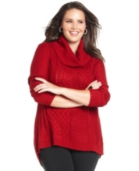 Fend off the cold in Design 365's cowlneck plus size sweater, finished by a high-low hem. Fend off the cold in Design 365's cowlneck plus size sweater, finished by a high-low hem.