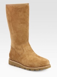 Combat the harsh winter weather in style with this tall suede boot lined in cozy shearling. Shaft, 12Leg circumference, 15½Suede upperSide zipShearling liningRubber trek solePadded insoleImported