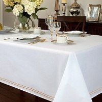 Classic and crisp white 100% cotton table linen with double banded barrata stitch. It compliments any patterned dinnerware for formal entertaining. Classic and crisp white 100% cotton table linen with double banded barrata stitch. It compliments any patterned dinnerware for formal entertaining.