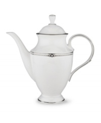 Combining elements both modern and vintage, the understated Pearl Platinum collection is designed to mimic a strand of lustrous pearls. With imitation pearl accents and platinum rims on fine bone china. Combining elements both modern and vintage, the understated Pearl Platinum collection is designed to mimic a strand of lustrous pearls. With imitation pearl accents and platinum rims on fine bone china.