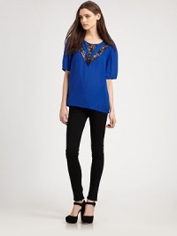 Epitomize the artisan aesthetic in this airy silk-rich design with contrasting lace-trim cutouts. RoundneckOversized short sleevesLace-trim cutoutsBack lace-trim cutoutsBack zipperLonger length hits below the hipsBody: 58% viscose/42% silkTrim: NylonDry cleanImportedModel shown is 5'10 (177cm) wearing US size Small. Epitomize the artisan aesthetic in this airy silk-rich design with contrasting lace-trim cutouts. RoundneckOversized short sleevesLace-trim cutoutsBack lace-trim cutoutsBack zipperLonger length hits below the hipsBody: 58% viscose/42% silkTrim: NylonDry cleanImportedModel shown is 5'10 (177cm) wearing US size Small.