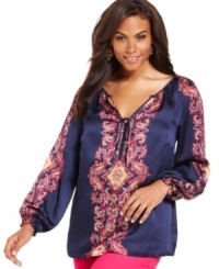 Get chic casual style with Charter Club's long sleeve plus size peasant blouse, featuring a placed print. Get chic casual style with Charter Club's long sleeve plus size peasant blouse, featuring a placed print.