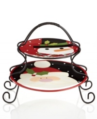 Irresistibly cute and cartoonish, the Christmas Cut-Outs tiered server sets the tone for a holly, jolly Christmas. Two plates starring the holiday duo sit in an elegant metal rack. Irresistibly cute and cartoonish, the Christmas Cut-Outs tiered server sets the tone for a holly, jolly Christmas. Two plates starring the holiday duo sit in an elegant metal rack.