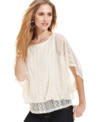 Blouson silhouettes are the in-look of the season! Try on this sheer lace top from Style&co. featuring batwing sleeves and a banded hem. Blouson silhouettes are the in-look of the season! Try on this sheer lace top from Style&co. featuring batwing sleeves and a banded hem.