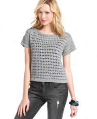 Bring fresh texture to your day ensemble with Sweater Project's metallic-threaded open-knit pullover. Bring fresh texture to your day ensemble with Sweater Project's metallic-threaded open-knit pullover.