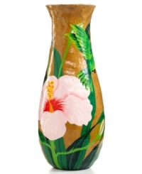 A celebration of the earth, this papier-mache vase is crafted entirely by hand and of recycled paper. Vibrant pink hibiscus and native wildlife are painted against a neutral ground by a practiced Haitian artist. A celebration of the earth, this papier-mache vase is crafted entirely by hand and of recycled paper. Vibrant pink hibiscus and native wildlife are painted against a neutral ground by a practiced Haitian artist.