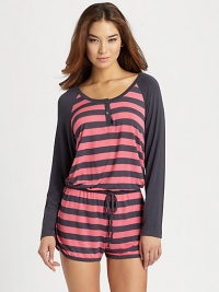 Spend your down time in silky-soft stretch jersey, enlivened with fresh-toned stripes.Banded scoop necklineButton placketLong solid raglan sleevesDrawstring waistInseam, about 1½Rayon/spandexMachine washImported Spend your down time in silky-soft stretch jersey, enlivened with fresh-toned stripes.Banded scoop necklineButton placketLong solid raglan sleevesDrawstring waistInseam, about 1½Rayon/spandexMachine washImported