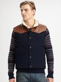Corduroy vest with contrasting leather shoulder patch and faux shearling lining to keep you stylishly warm throughout the season.Button-frontAbout 25 from shoulder to hem55% polyester/45% cottonDry cleanImported Corduroy vest with contrasting leather shoulder patch and faux shearling lining to keep you stylishly warm throughout the season.Button-frontAbout 25 from shoulder to hem55% polyester/45% cottonDry cleanImported