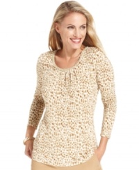 The beauty is all in the details of this Charter Club top. An allover mottled squares print and dainty beading at the neckline add an artsy touch to this pretty basic. The beauty is all in the details of this Charter Club top. An allover mottled squares print and dainty beading at the neckline add an artsy touch to this pretty basic.