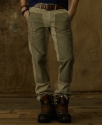 Herringbone patches and colorful stitches reinforce a soft pair of chinos for a laid-back boho-meets-military look.