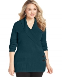 Buckle up a chic casual look with Debbie Morgan's plus size sweater, finished by a shawl collar. Buckle up a chic casual look with Debbie Morgan's plus size sweater, finished by a shawl collar.