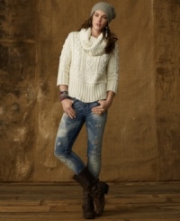 Denim & Supply Ralph Lauren's cozy turtleneck is designed in a classic cable knit with laced ribbon trim for a feminine twist on a heritage favorite. Denim & Supply Ralph Lauren's cozy turtleneck is designed in a classic cable knit with laced ribbon trim for a feminine twist on a heritage favorite.