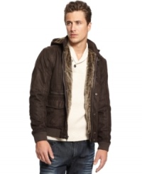 This handsome INC International Concepts jacket boasts a classic bomber style with faux fur details and a rich suede feel. This handsome INC International Concepts jacket boasts a classic bomber style with faux fur details and a rich suede feel.