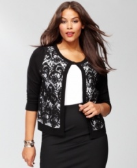 A feminine new take on sweater dressing, from INC. This plus size cardigan matched luxe lace with a fitted silhouette for a ladylike look. A feminine new take on sweater dressing, from INC. This plus size cardigan matched luxe lace with a fitted silhouette for a ladylike look.