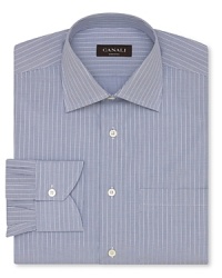 Uncommonly refined, this dress shirt overlays thin rope stripes over a classic windowpane check background for a remarkable effect. A distinguished design from the renowned Canali. Uncommonly refined, this dress shirt overlays thin rope stripes over a classic windowpane check background for a remarkable effect. A distinguished design from the renowned Canali.