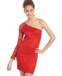 Romantic lace goes downtown -- a one-sleeved, curve-hugging dress from Jump is just the thing to turn heads at the club! Romantic lace goes downtown -- a one-sleeved, curve-hugging dress from Jump is just the thing to turn heads at the club!