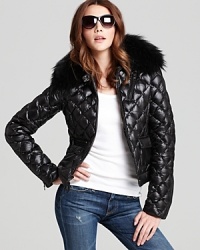 Sporting diamond quilting and a plush fur collar, this feather and down-filled SAM. jacket makes cozy-chic simple. Sporting diamond quilting and a plush fur collar, this feather and down-filled SAM. jacket makes cozy-chic simple.