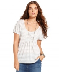 Subtle metallic stripes add the right hint of sparkle to this DKNY Jeans casual must-have. Make a classic summer outfit when you pair it with a slim denim skirt! Subtle metallic stripes add the right hint of sparkle to this DKNY Jeans casual must-have. Make a classic summer outfit when you pair it with a slim denim skirt!