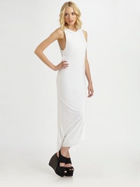 A stunning sheath of fluid jersey knit, finished with a skin-baring back V cut-out.Jewel necklineSleevelessAsymmetrical hemBack V cut-outRemovable adjustable back strapAbout 36 from natural waistMicro-modalDry cleanMade in USAModel shown is 5'9½ (176cm) wearing US size Small. A stunning sheath of fluid jersey knit, finished with a skin-baring back V cut-out.Jewel necklineSleevelessAsymmetrical hemBack V cut-outRemovable adjustable back strapAbout 36 from natural waistMicro-modalDry cleanMade in USAModel shown is 5'9½ (176cm) wearing US size Small.