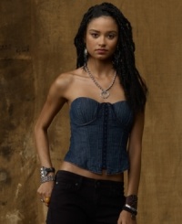 Embellished with a lace-up front and rendered in washed denim, Denim & Supply Ralph Lauren's cropped corset exudes modern urban glamour, taking you from day to night. Embellished with a lace-up front and rendered in washed denim, Denim & Supply Ralph Lauren's cropped corset exudes modern urban glamour, taking you from day to night.