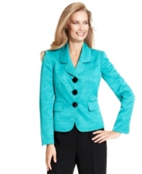 Large-scale buttons and a variegated tweed fabric in bold blue make a fashionable statement in the boardroom and beyond, from Kasper. Large-scale buttons and a variegated tweed fabric in bold blue make a fashionable statement in the boardroom and beyond, from Kasper.