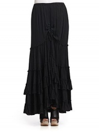 THE LOOKBanded elastic waistDrawstring accentsTiered ruffled detailsTHE FITAbout 40 longTHE MATERIALViscoseCotton linedCARE & ORIGINMachine washImportedModel shown is 5'10 (177cm) wearing US size Small. THE LOOKBanded elastic waistDrawstring accentsTiered ruffled detailsTHE FITAbout 40 longTHE MATERIALViscoseCotton linedCARE & ORIGINMachine washImportedModel shown is 5'10 (177cm) wearing US size Small.