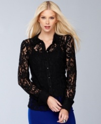 Lovely lace takes over a traditional button-front petite shirt from INC for a whole new take on a classic top! Lovely lace takes over a traditional button-front petite shirt from INC for a whole new take on a classic top!