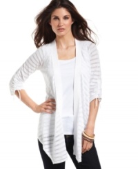 Grace Elements takes a modern approach to the classic draped cardigan, adding sheer stripes and tied three-quarter sleeves. So effortlessly chic, you can wear it with everything. Grace Elements takes a modern approach to the classic draped cardigan, adding sheer stripes and tied three-quarter sleeves. So effortlessly chic, you can wear it with everything.