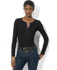 Lauren Jeans Co.'s classic crewneck Henley is accented by unexpected elements of chambray at the placket and a charming patch pocket. Lauren Jeans Co.'s classic crewneck Henley is accented by unexpected elements of chambray at the placket and a charming patch pocket.
