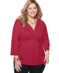 A surplice neckline and gathered front lend chic appeal to Charter Club's three-quarter sleeve plus size top-- snag all the colors at an Everyday Value price! A surplice neckline and gathered front lend chic appeal to Charter Club's three-quarter sleeve plus size top-- snag all the colors at an Everyday Value price!