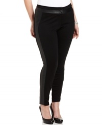 Party in style with Jessica Simpson's plus size skinny pants, featuring faux leather tuxedo-style trim. Party in style with Jessica Simpson's plus size skinny pants, featuring faux leather tuxedo-style trim.
