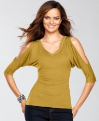 INC's beloved voile-trim tee takes a turn for the glamorous with alluring shoulder cutouts! INC's beloved voile-trim tee takes a turn for the glamorous with alluring shoulder cutouts!