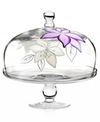 Hand-painted purple and white flowers flourish on this glass cake stand from Laurie Gates serveware by Artland--a fresh companion to the Anna Plum dinnerware pattern by Laurie Gates. Hand-painted purple and white flowers flourish on this glass cake stand from Laurie Gates serveware by Artland--a fresh companion to the Anna Plum dinnerware pattern by Laurie Gates.