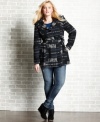 Be a stylish standout with Dollhouse's plus size single-breasted coat, featuring an exotic print.