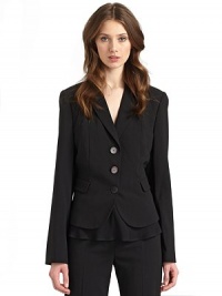 THE LOOKNotched lapelThree logo-embossed button frontSlightly padded shouldersLong sleeves with one button cuffThree angled seams at each sideDual front flap pocketsTHE FITAbout 22½ from shoulder to hemTHE MATERIALVirgin woolCupro liningCARE & ORIGINDry cleanMade in ItalyModel shown is 5'9½ (176cm) wearing US size 4. THE LOOKNotched lapelThree logo-embossed button frontSlightly padded shouldersLong sleeves with one button cuffThree angled seams at each sideDual front flap pocketsTHE FITAbout 22½ from shoulder to hemTHE MATERIALVirgin woolCupro liningCARE & ORIGINDry cleanMade in ItalyModel shown is 5'9½ (176cm) wearing US size 4.