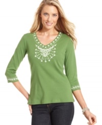 Rhinestones and a brilliantly embroidered pattern upgrade this petite top from JM Collection. Pair with your favorite jeans for a great weekend look. (Clearance) Rhinestones and a brilliantly embroidered pattern upgrade this petite top from JM Collection. Pair with your favorite jeans for a great weekend look. (Clearance)