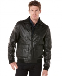 Look sleek all season long in this handsome faux leather bomber by Perry Ellis. Look sleek all season long in this handsome faux leather bomber by Perry Ellis.