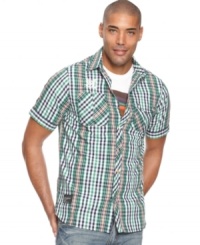 Get your style in check with this printed short sleeve button down from Rocawear. Get your style in check with this printed short sleeve button down from Rocawear.