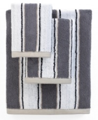 Sweet serenity. Offering a romantic and elegant composition for your bath space, this Aquarelle Stripe bath towel features beautiful stripes in sophisticated hues. Sweet serenity. Offering a romantic and elegant composition for your bath space, this Aquarelle Stripe bath towel features beautiful stripes in sophisticated hues.