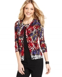 Make a statement in Joseph A's colorful cardigan, complete with a vibrant animal print. Make a statement in Joseph A's colorful cardigan, complete with a vibrant animal print.